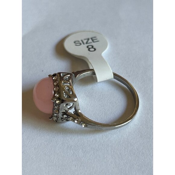 Pink Faux Pearl & Crystal Silver Tone Ring Size 8 - Picture 2 of 5